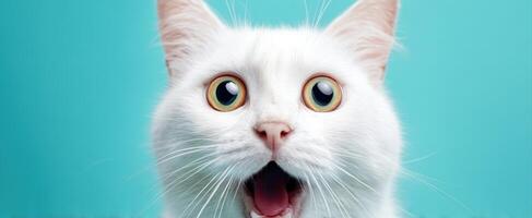 The surprised white cat with big eyes against a vibrant blue background photo