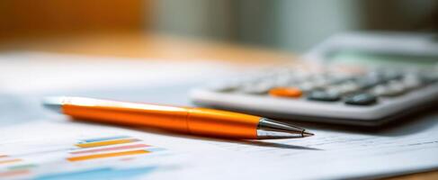The vibrant orange pen resting on financial documents and a calculator. photo