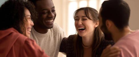 The joyful moment of friends sharing laughter and connection at home. photo