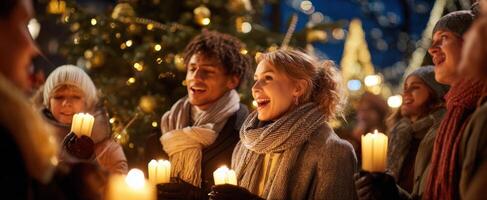 The joyful gathering of friends celebrating with candles during the holiday season. photo