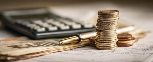 The coins and calculator representing finance and business planning in an office setting. photo