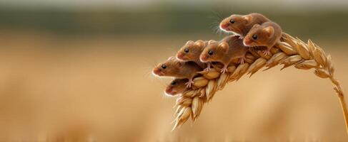 The adorable group of mice perched on a stalk of golden wheat. photo