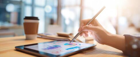 The tablet displaying business analytics during a creative brainstorming session. photo