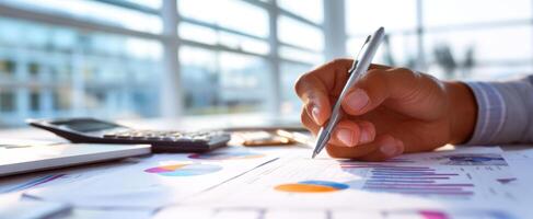The person analyzing business charts and graphs in a modern office setting. photo