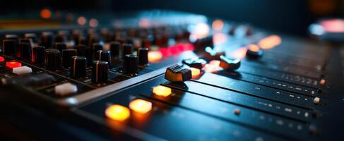 The audio mixer illuminated with colorful lights in a professional music studio. photo