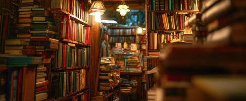 The enchanting interior of a cozy, vintage library filled with books. photo