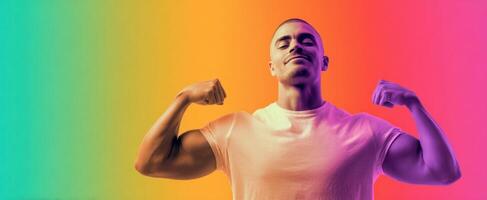 The confident male flexing muscles against a vibrant, colorful background. photo