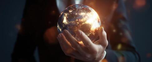 The business professional holding a glowing globe representing global connectivity and innovation. photo