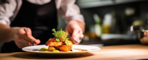 The chef carefully plates a gourmet dish with artistic flair and fresh ingredients. photo