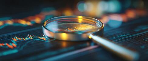 The magnifying glass highlighting financial data analysis on a dark surface. photo