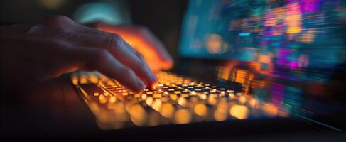 The focused hands typing on a glowing keyboard in a digital workspace. photo