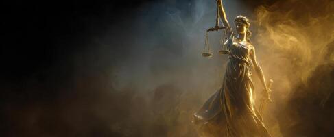The Justice Statue Illuminated by Dramatic Light and Smoke Effects photo