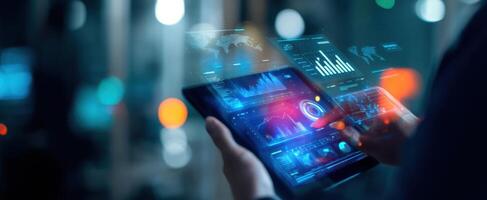 The interactive tablet displaying advanced data analytics and business insights. photo