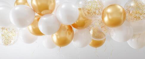 The colorful assortment of gold and white balloons for festive celebrations. photo