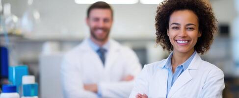 The confident female scientist smiling in a modern laboratory with a colleague. photo