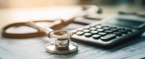 The stethoscope and calculator symbolizing healthcare costs and financial management. photo