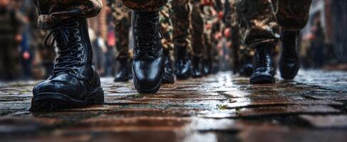 The soldiers marching in formation on a wet cobblestone street. photo