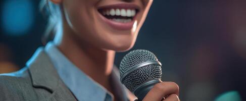 The confident woman holding a microphone while smiling on stage. photo