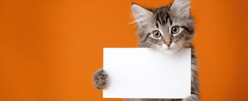 The adorable kitten holding a blank sign on an orange background. photo