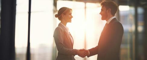 The Business Professionals Shaking Hands in a Bright Office Setting photo