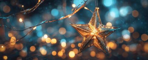 The sparkling star ornament glowing against a dreamy backdrop of twinkling lights. photo