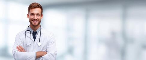 The smiling doctor in a modern medical facility with a stethoscope. photo