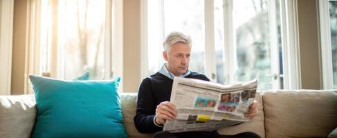 The man reading a newspaper while relaxing comfortably on a sofa. photo