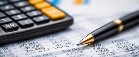 The calculator and pen on financial documents for accurate budgeting and analysis. photo