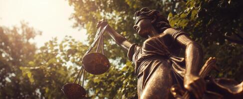 The Lady Justice statue representing fairness and equality in a serene outdoor setting. photo