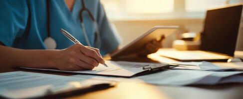 The healthcare professional managing patient documents in a modern office setting. photo