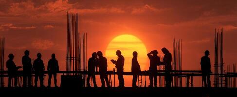 The silhouettes of construction workers against a breathtaking sunset background. photo