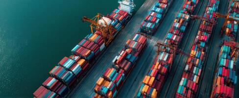 The vibrant loading and unloading of cargo containers at a bustling port. photo