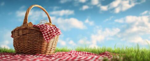The picnic basket set on a checkered blanket under a bright blue sky. photo
