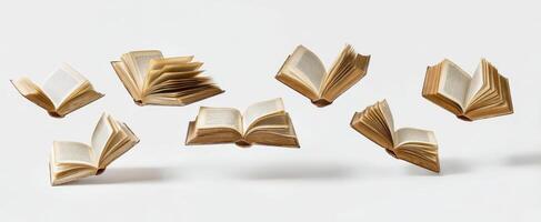 The collection of floating books showcasing creativity and knowledge in motion. photo