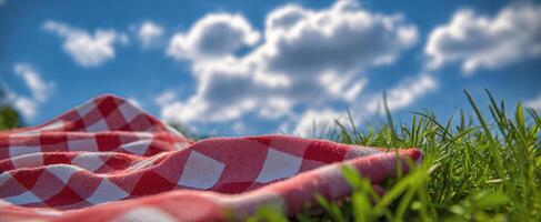 The checkered picnic blanket resting on fresh grass under a bright sky. photo