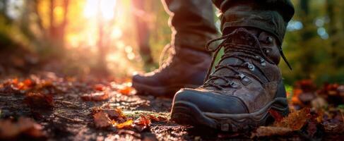 The sturdy hiking boots on a vibrant autumn trail during golden sunlight. photo