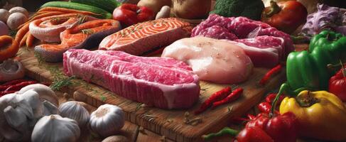 The assortment of fresh meats and vegetables ready for culinary preparation. photo