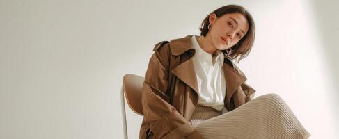 The fashionable woman sitting gracefully in a modern studio space. photo