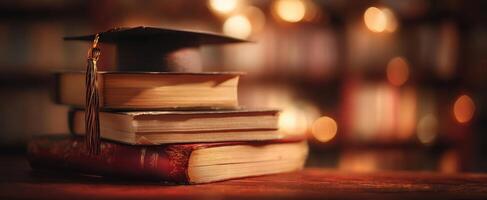 The graduation cap atop a stack of vintage books in a cozy setting. photo