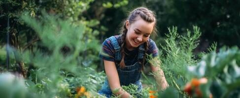 The smiling gardener enjoying her time in a vibrant green garden. photo