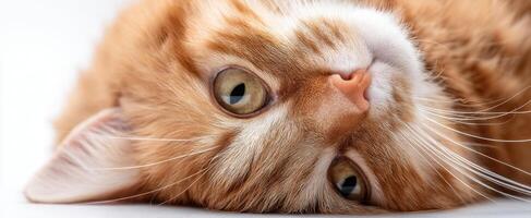 The adorable orange cat lying peacefully on a white background. photo