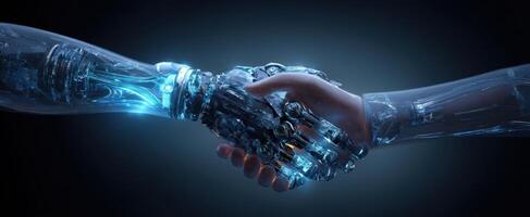 The handshake between human and robotic hands symbolizing future collaboration. photo