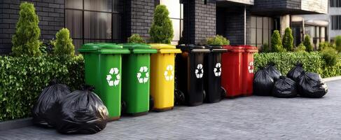 The colorful recycling bins lined up beside garbage bags in an urban setting. photo