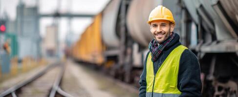 The smiling construction worker standing confidently near a railway station. photo