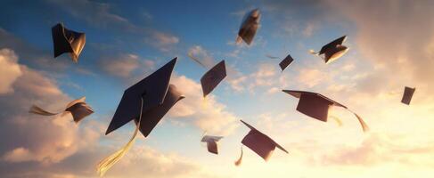 The celebration of graduation caps soaring through a vibrant sunset sky. photo