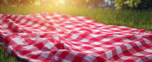 The vibrant checkered blanket spread out on lush green grass during sunny days. photo