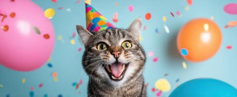 The happy cat wearing a birthday hat celebrating with joy and confetti. photo