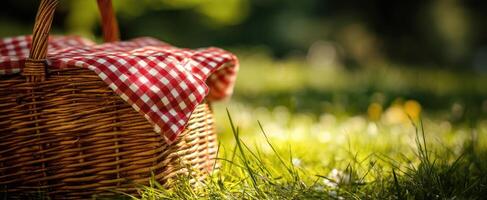 The wicker picnic basket resting on lush green grass under soft sunlight. photo