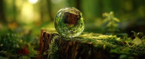 The mesmerizing glass sphere resting on a mossy forest stump photo