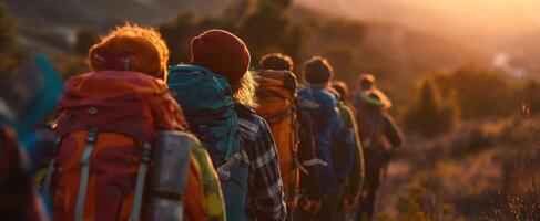 The hikers enjoying a sunset trek through the scenic wilderness together. photo